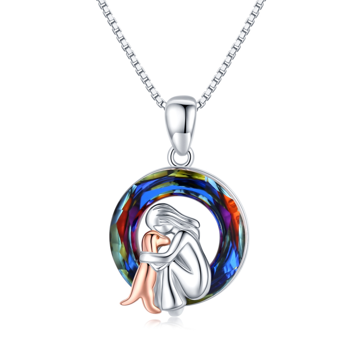 Sterling Silver Two-tone Circular Shaped Dog Crystal Pendant Necklace-1