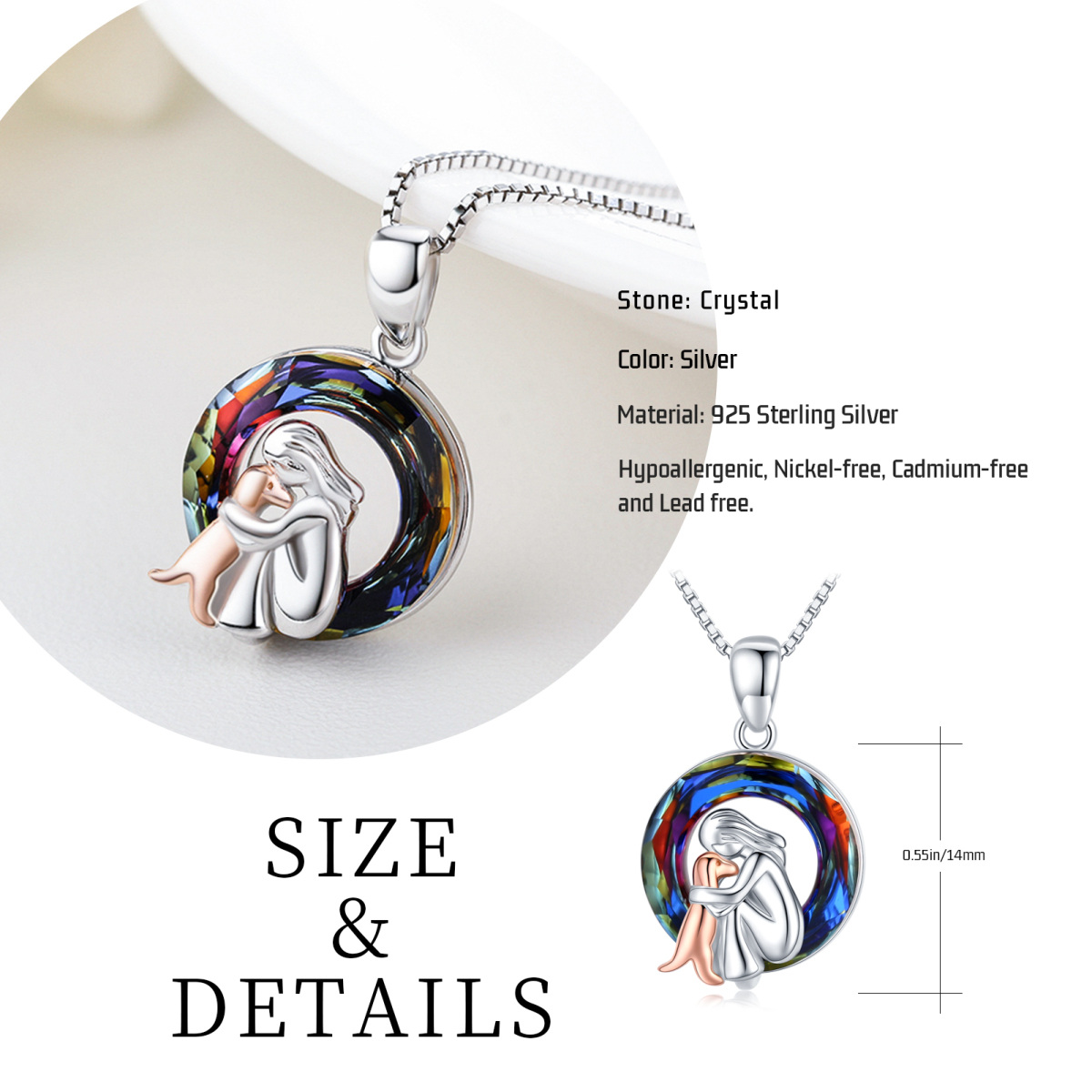 Sterling Silver Two-tone Circular Shaped Dog Crystal Pendant Necklace-5