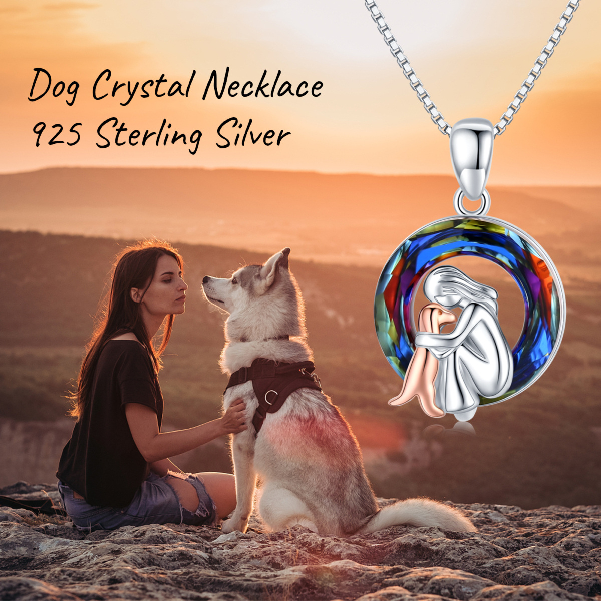 Collier avec pendentif en cristal de chien de forme circulaire bicolore en argent sterling-6