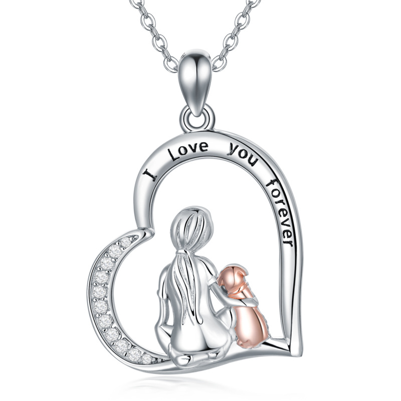 Sterling Silver Two-tone Circular Shaped Dog & Heart Pendant Necklace with Engraved Word-10