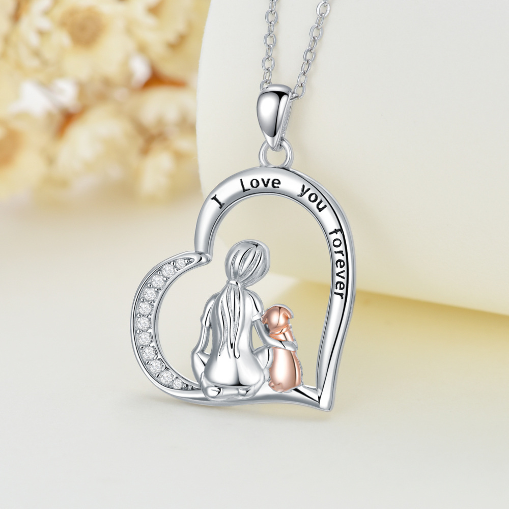 Sterling Silver Two-tone Circular Shaped Dog & Heart Pendant Necklace with Engraved Word-3