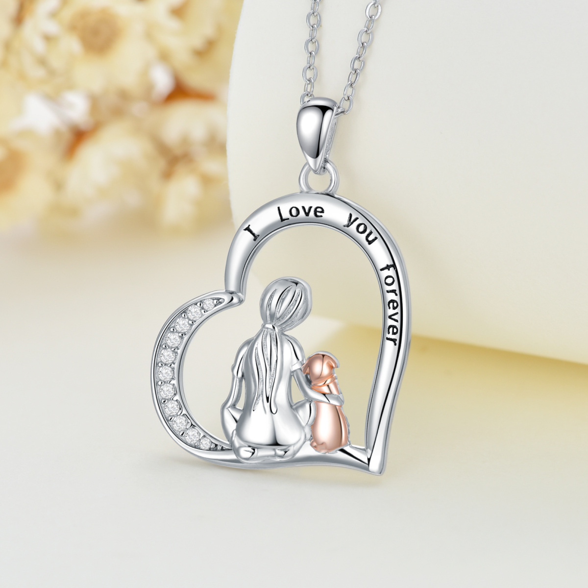 Sterling Silver Two-tone Circular Shaped Dog & Heart Pendant Necklace with Engraved Word-3