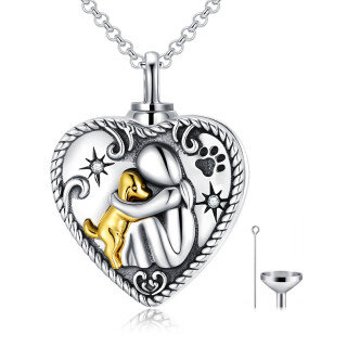 Sterling Silver Two-tone Circular Shaped Cubic Zirconia Dog & Heart Urn Necklace for Ashes with Engraved Word-49