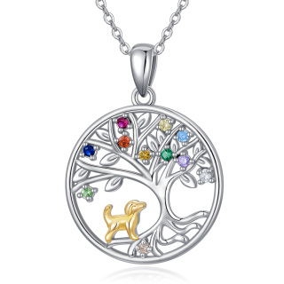 Sterling Silver Two-tone Circular Shaped Cubic Zirconia Dog & Tree Of Life Pendant Necklace-36