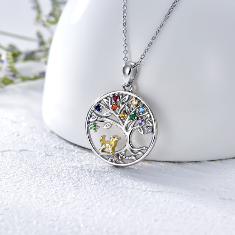 Sterling Silver Two-tone Circular Shaped Cubic Zirconia Dog & Tree Of Life Pendant Necklace-3