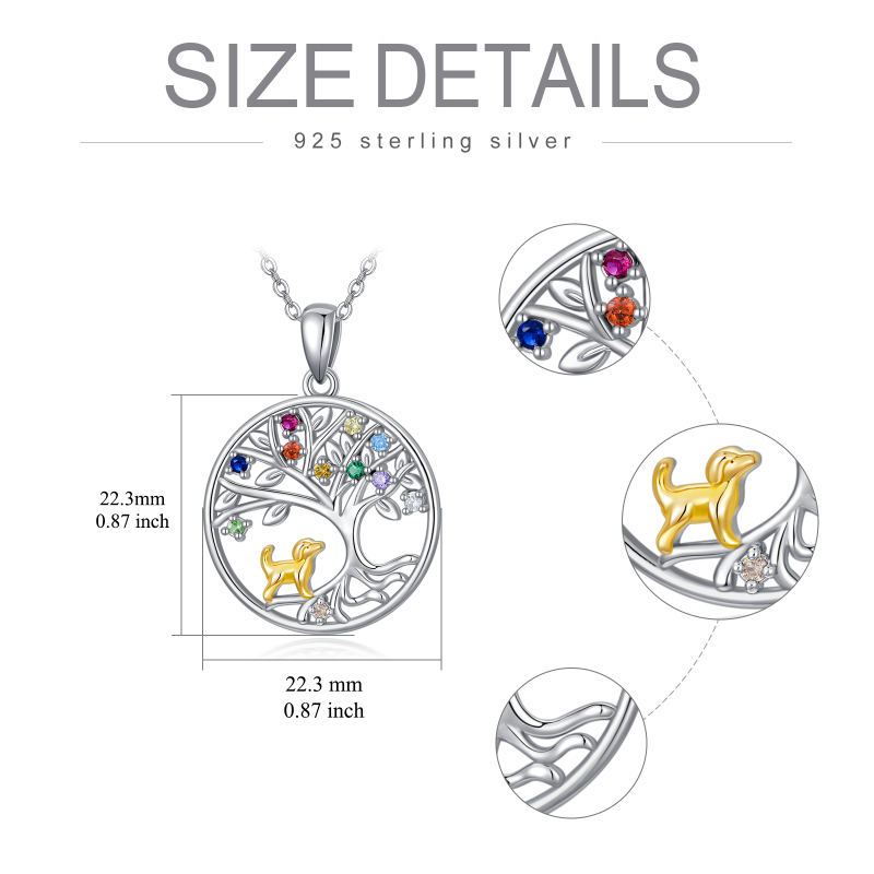 Sterling Silver Two-tone Circular Shaped Cubic Zirconia Dog & Tree Of Life Pendant Necklace-5