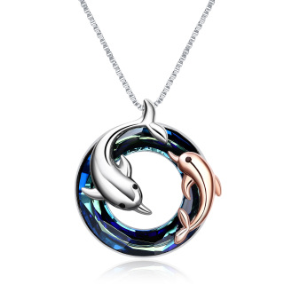 Sterling Silver Two-tone Circular Shaped Dolphin Crystal Pendant Necklace-57