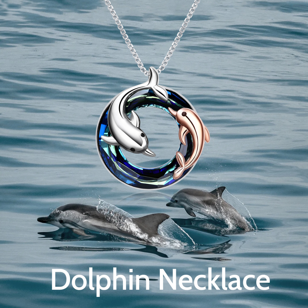 Collana con ciondolo di cristallo a forma di delfino circolare in argento sterling bicolore-6