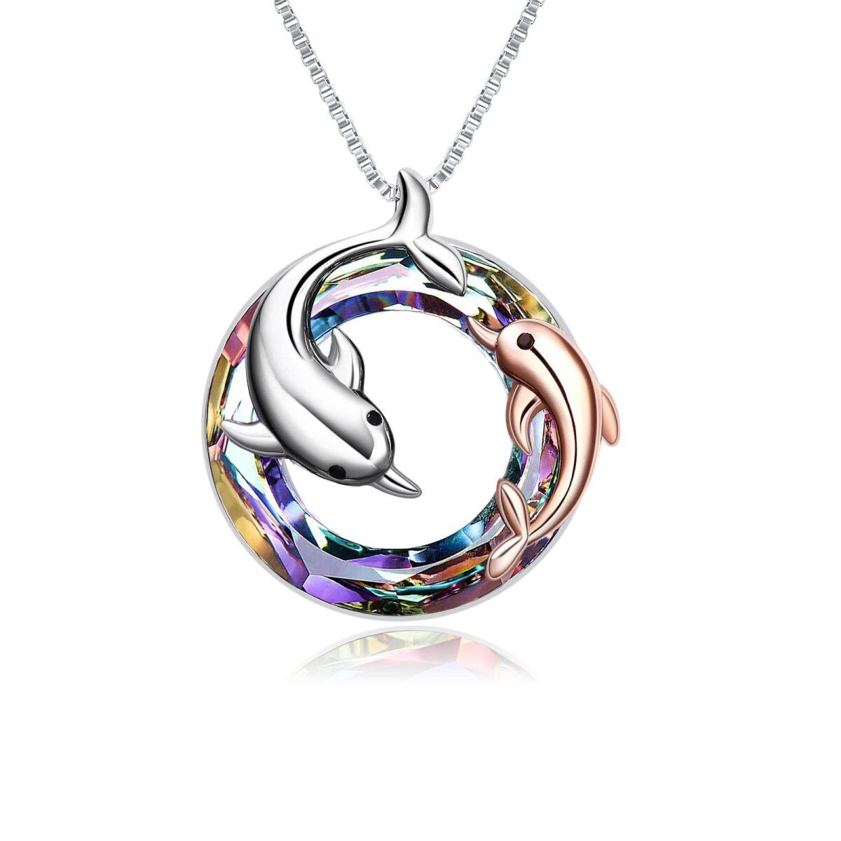 Sterling Silver Two-tone Circular Shaped Dolphin Crystal Pendant Necklace-1