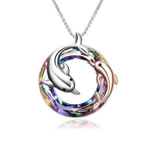 Sterling Silver Two-tone Circular Shaped Dolphin Crystal Pendant Necklace-6