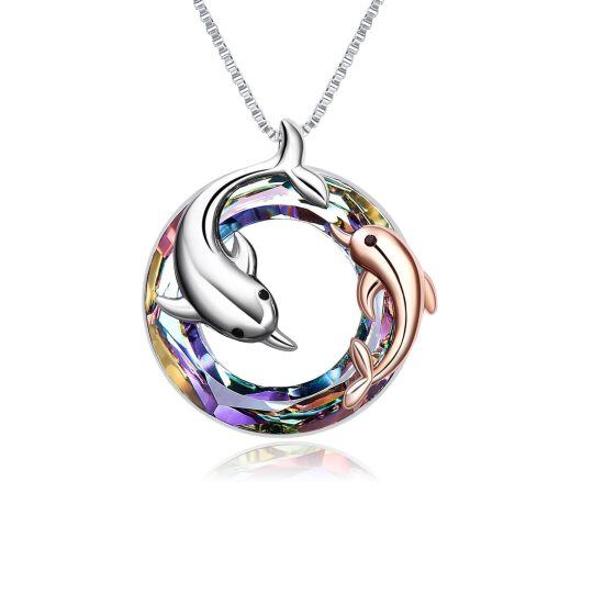 Sterling Silver Two-tone Circular Shaped Dolphin Crystal Pendant Necklace