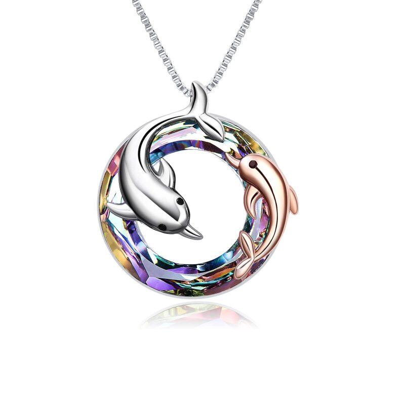 Colar de prata esterlina com pingente de cristal de golfinho em forma circular de dois ton-5