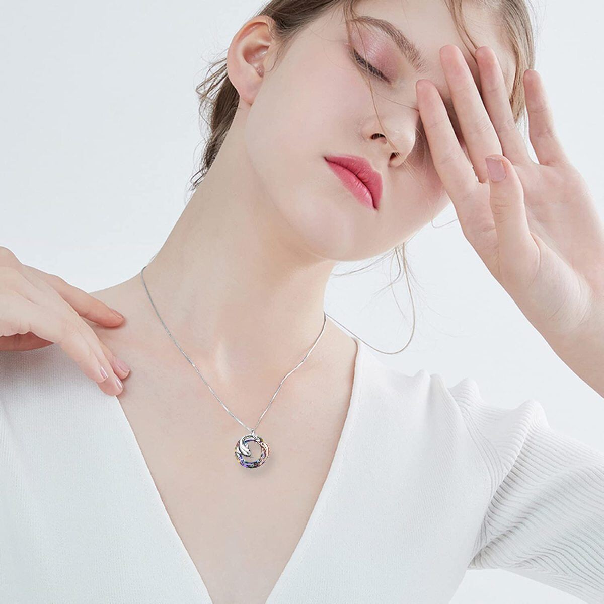 Sterling Silver Two-tone Circular Shaped Dolphin Crystal Pendant Necklace-2