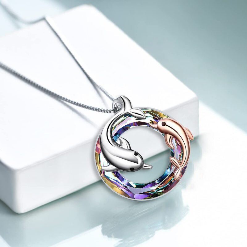 Sterling Silver Two-tone Circular Shaped Dolphin Crystal Pendant Necklace-3