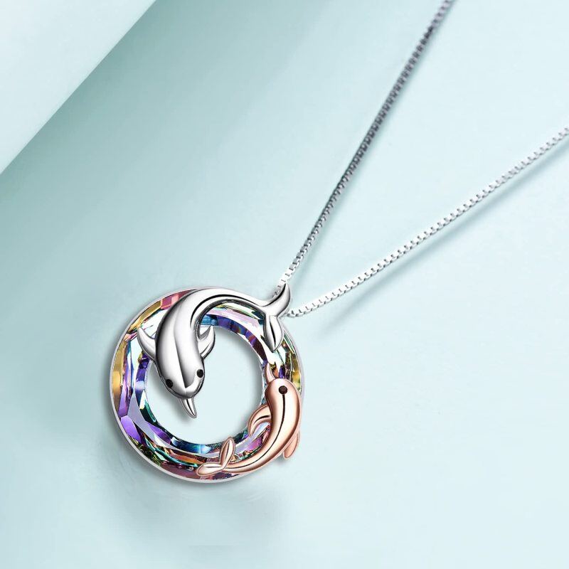 Sterling Silver Two-tone Circular Shaped Dolphin Crystal Pendant Necklace-4