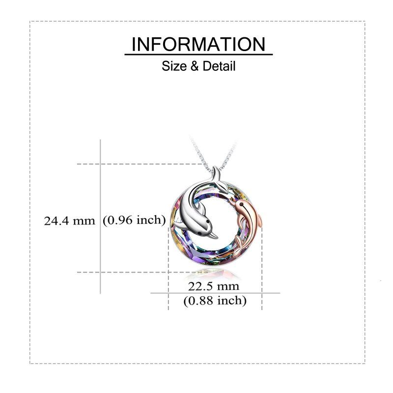 Sterling Silver Two-tone Circular Shaped Dolphin Crystal Pendant Necklace-5