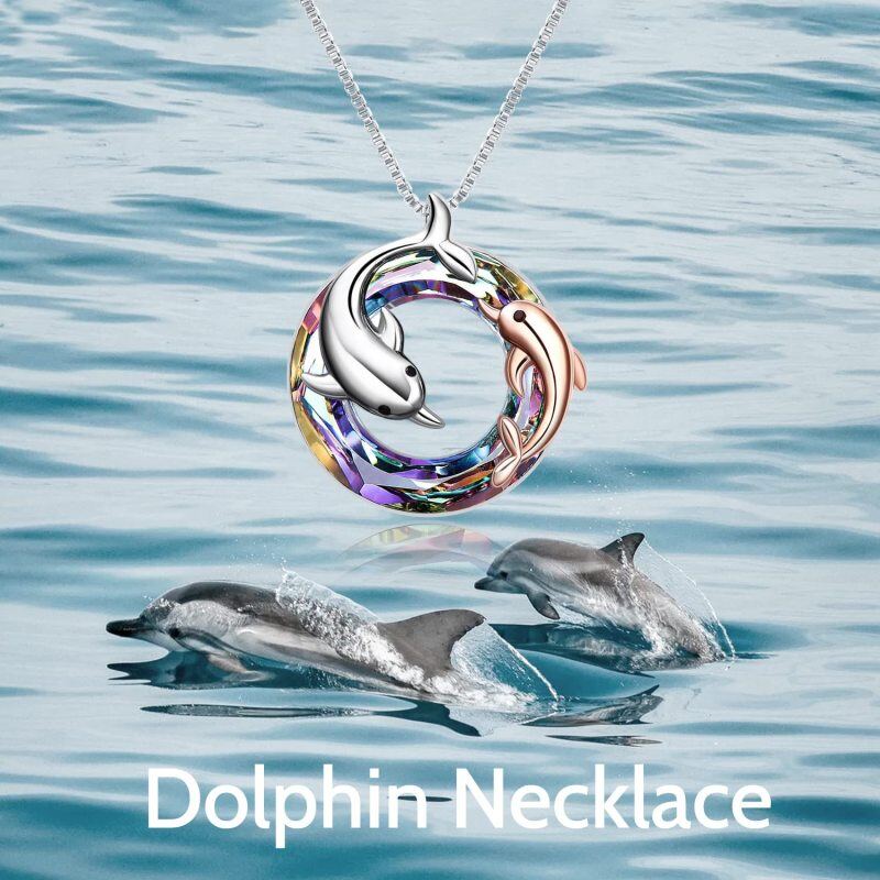 Sterling Silver Two-tone Circular Shaped Dolphin Crystal Pendant Necklace-6