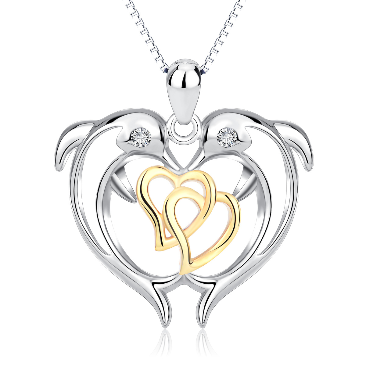 Sterling Silver Two-Tone Circular Cubic Zirconia Dolphin & Interlocking Hearts Pendant Necklace For Women-1