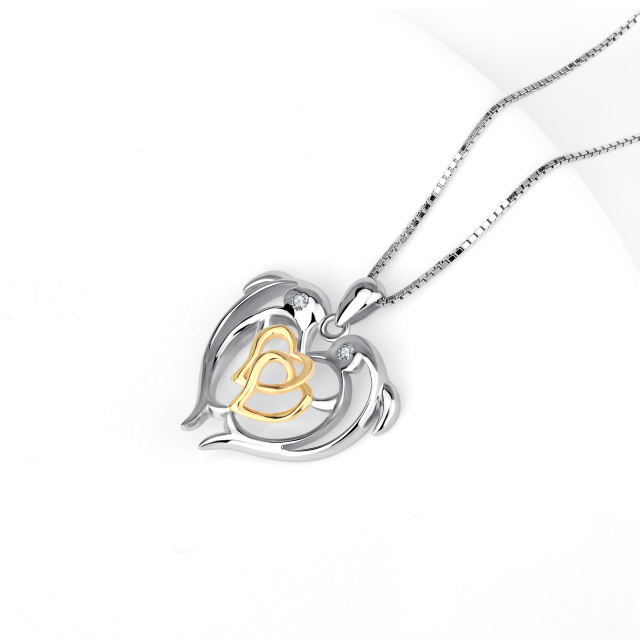 Collana in argento sterling bicolore a forma di circolare con delfino e cuore con ciondolo a forma di cuore-3