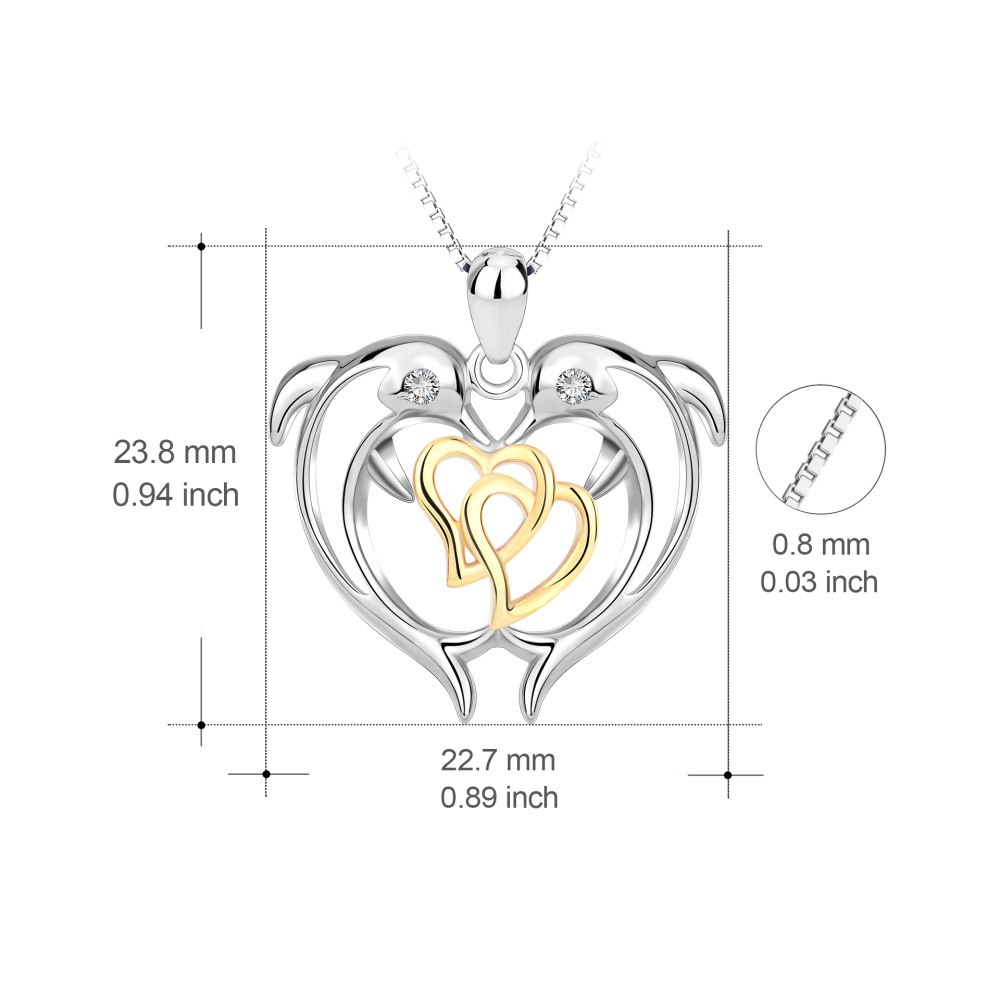 Collana da donna con pendente a forma di delfino e cuori intrecciati circolari bicolore in argento sterling con zirconi cubici-5