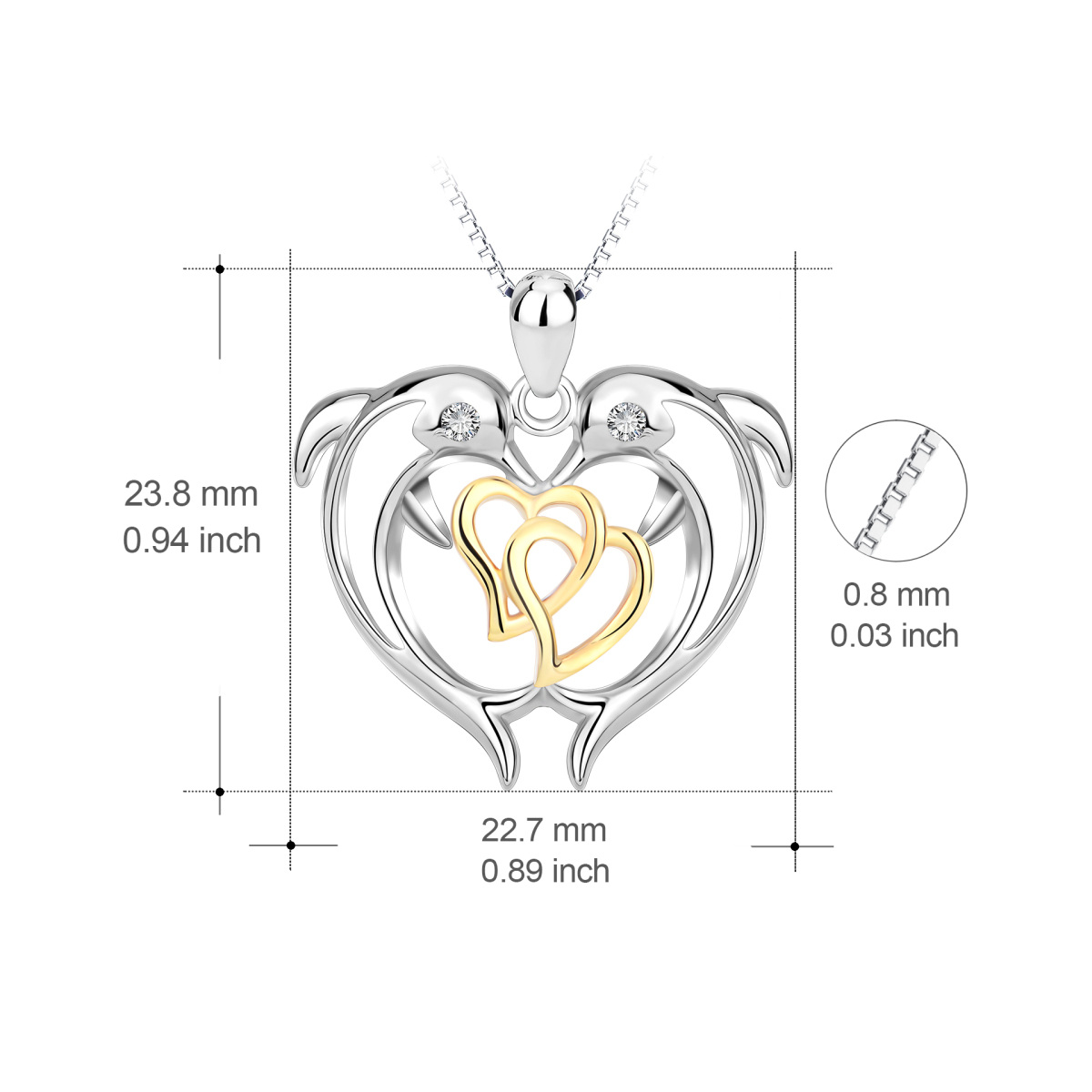 Sterling Silver Two-Tone Circular Cubic Zirconia Dolphin & Interlocking Hearts Pendant Necklace For Women-5