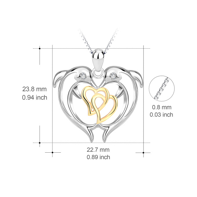 Sterling Silver Two-tone Circular Shaped Cubic Zirconia Dolphin & Heart With Heart Pendant Necklace-5