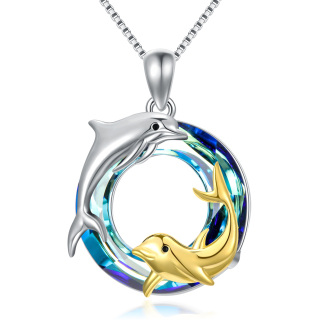 Sterling Silver Two-Tone Circular Crystal Dolphin Pendant Necklace For Mother-4