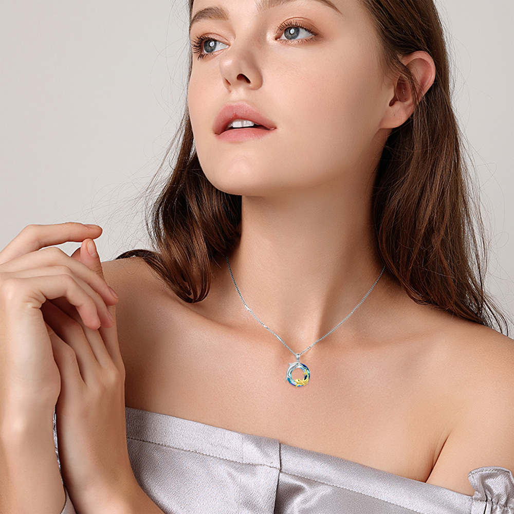 Sterling Silver Two-Tone Circular Crystal Dolphin Pendant Necklace For Mother-2