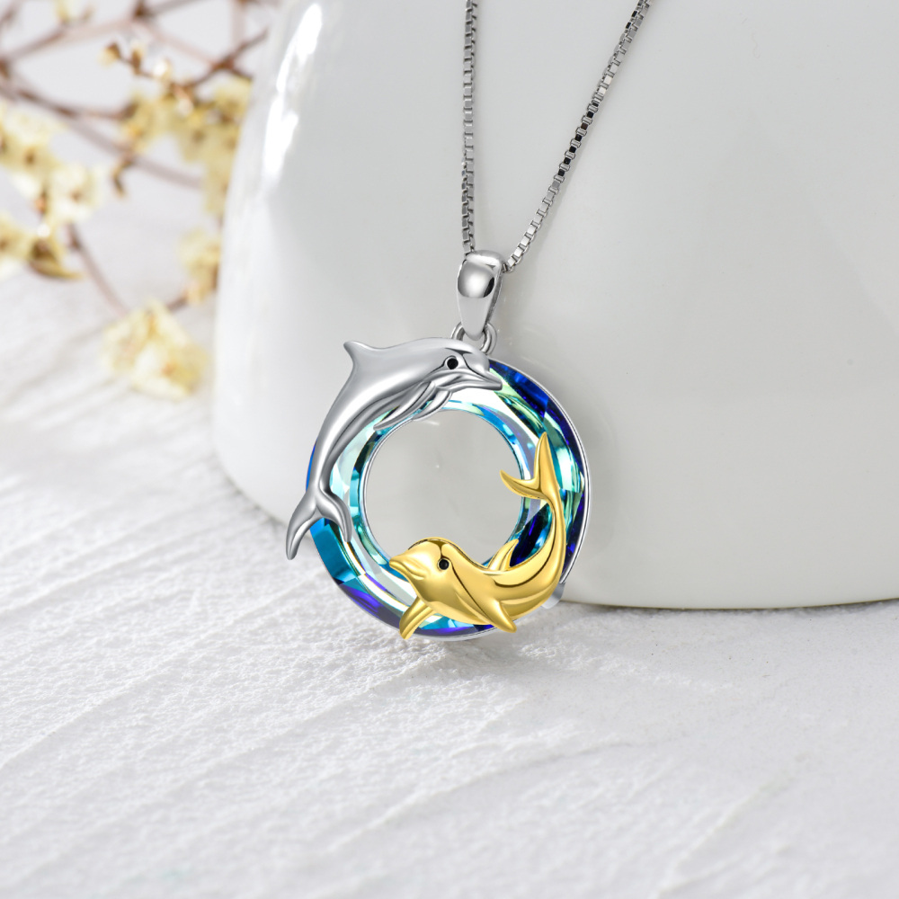 Sterling Silver Two-Tone Circular Crystal Dolphin Pendant Necklace For Mother-3