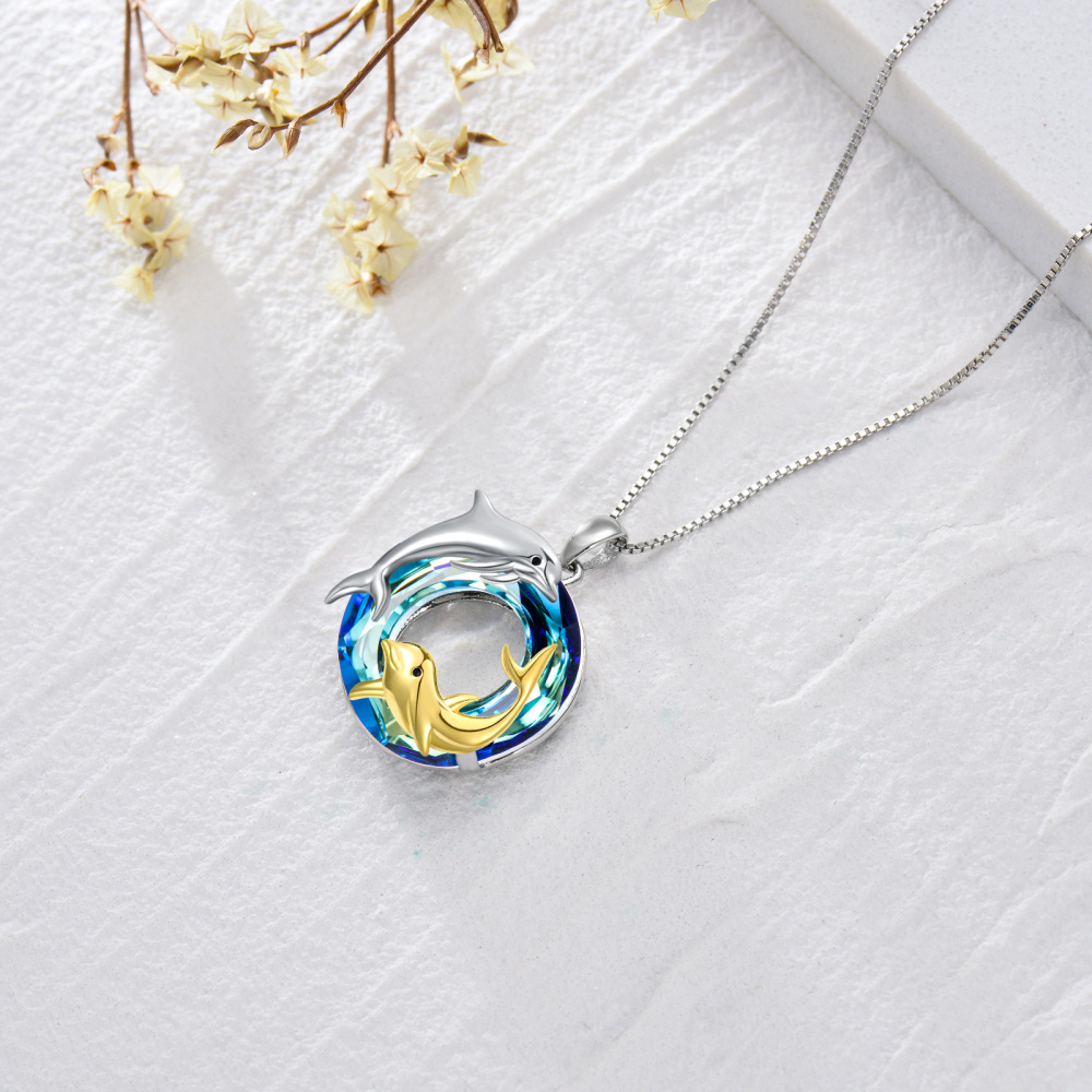 Sterling Silver Two-Tone Circular Crystal Dolphin Pendant Necklace For Mother-4