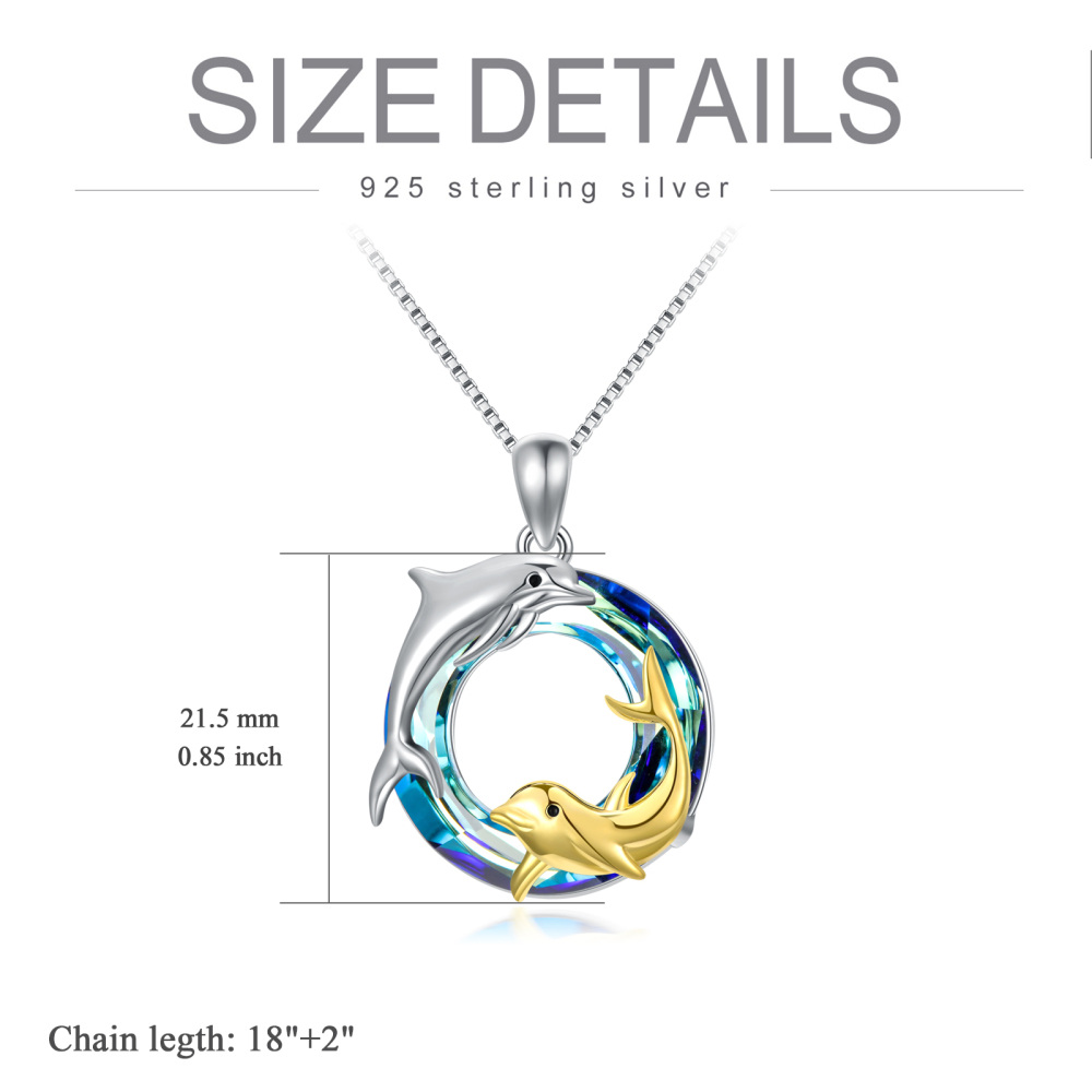 Sterling Silver Two-Tone Circular Crystal Dolphin Pendant Necklace For Mother-5