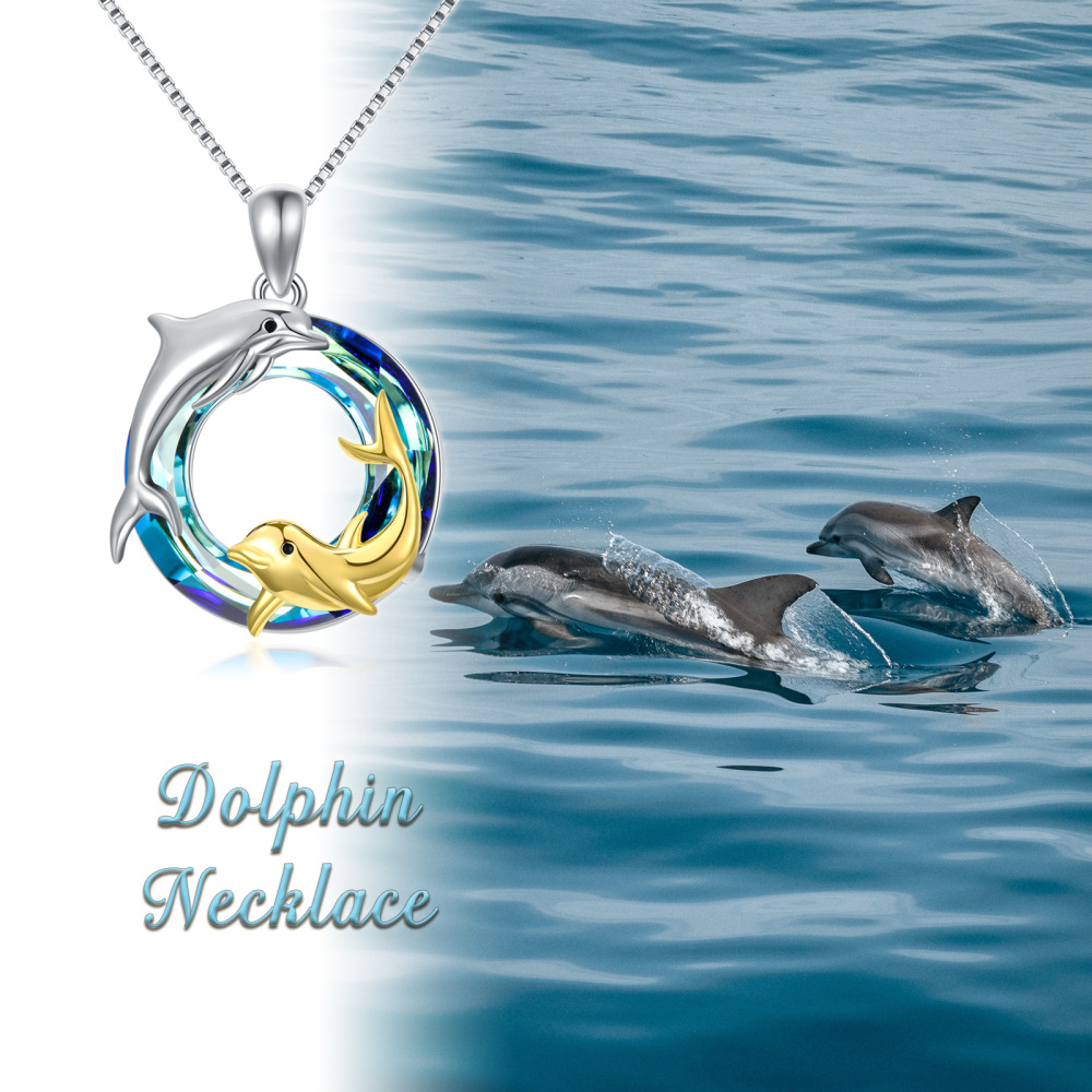 Sterling Silver Two-Tone Circular Crystal Dolphin Pendant Necklace For Mother-6