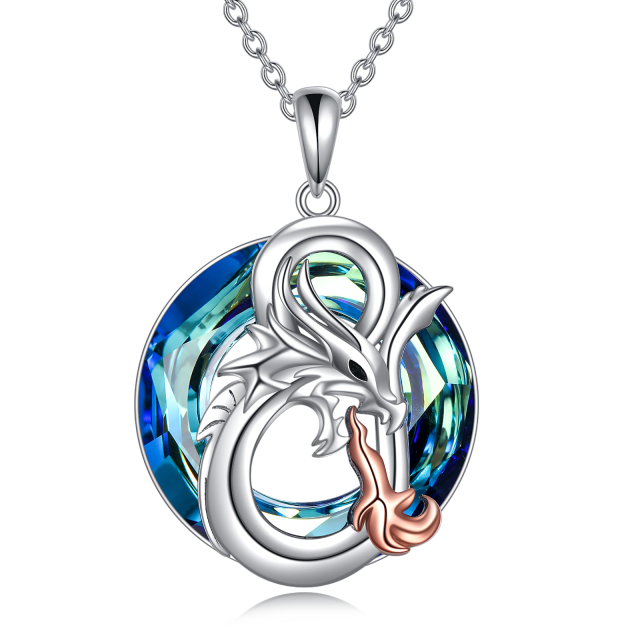 Sterling Silver Two-tone Circular Shaped Dragon Crystal Pendant Necklace-1