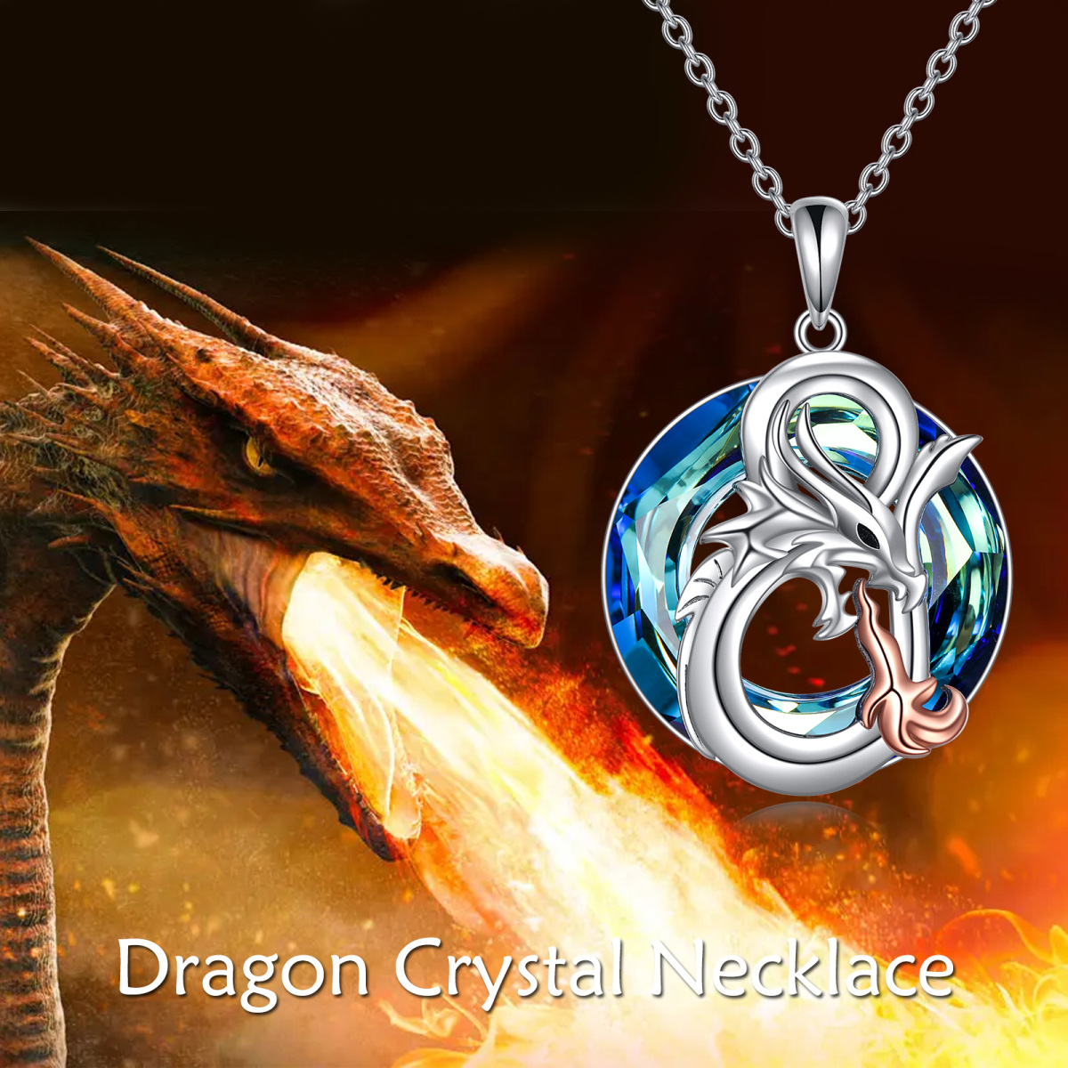 Sterling Silver Two-tone Circular Shaped Dragon Crystal Pendant Necklace-3