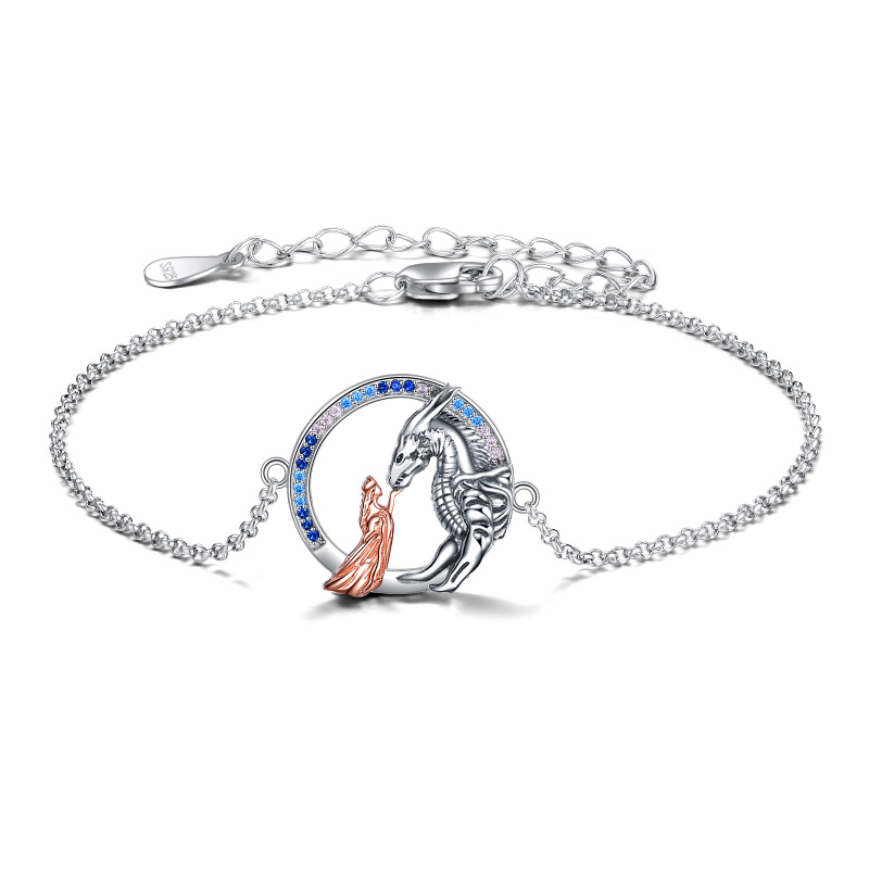 Sterling Silver Two-tone Circular Shaped Cubic Zirconia Dragon Charm Bracelet