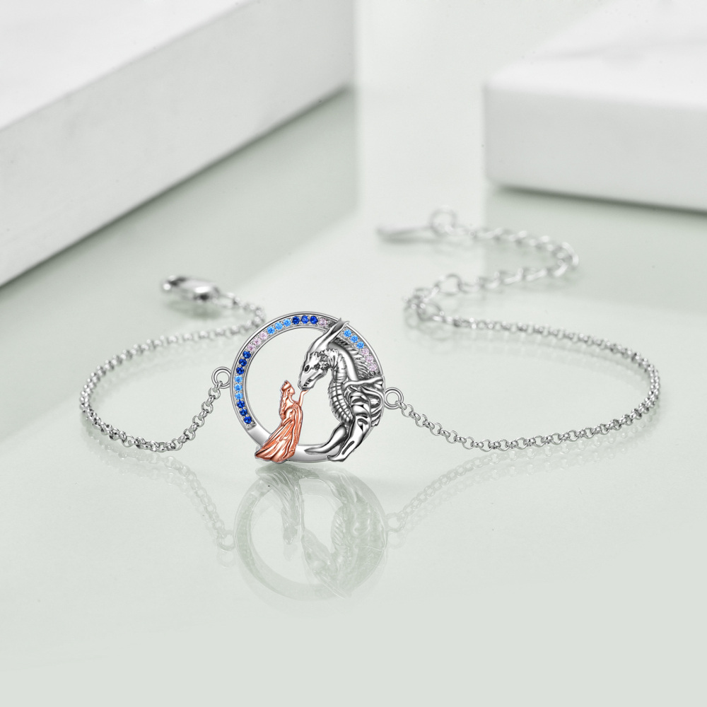 Sterling Silver Two-tone Circular Shaped Cubic Zirconia Dragon Charm Bracelet-3