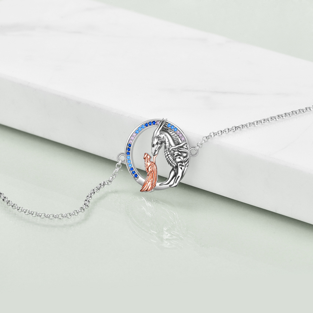 Sterling Silver Two-tone Circular Shaped Cubic Zirconia Dragon Charm Bracelet-4
