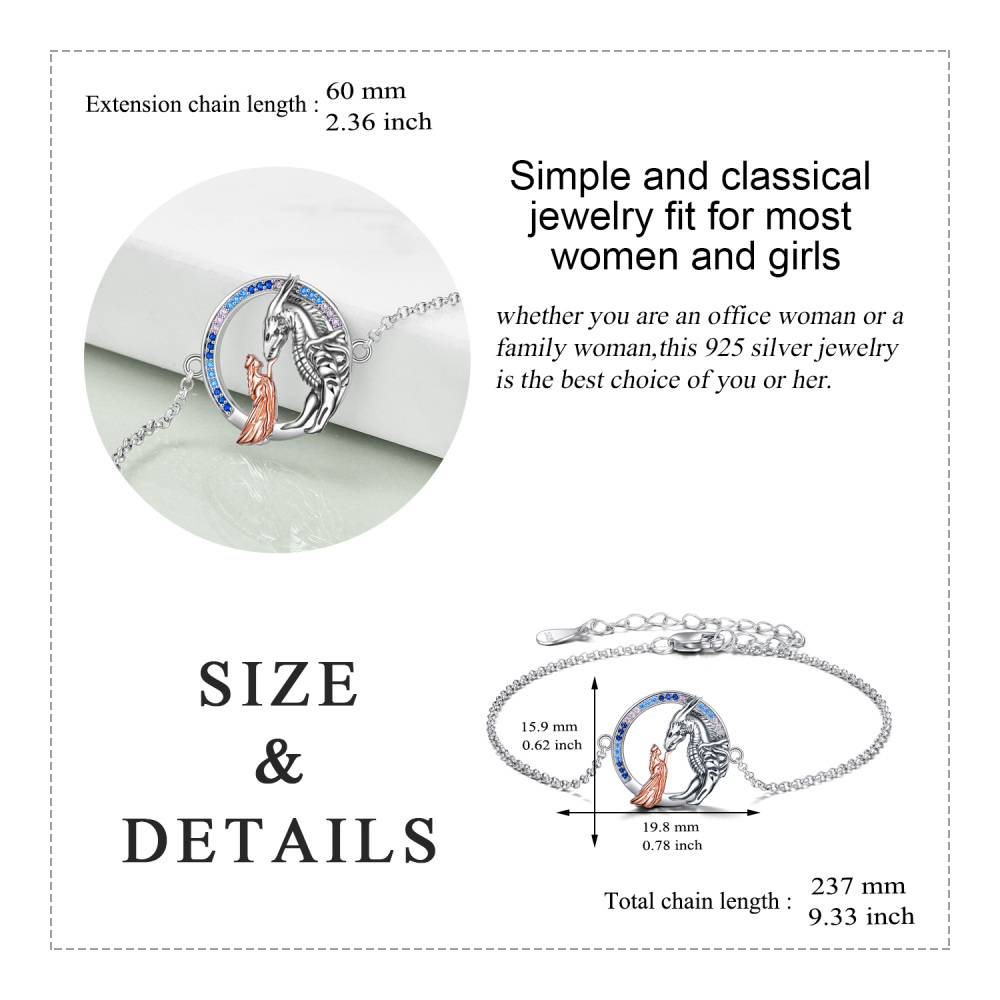 Sterling Silver Two-tone Circular Shaped Cubic Zirconia Dragon Charm Bracelet-5