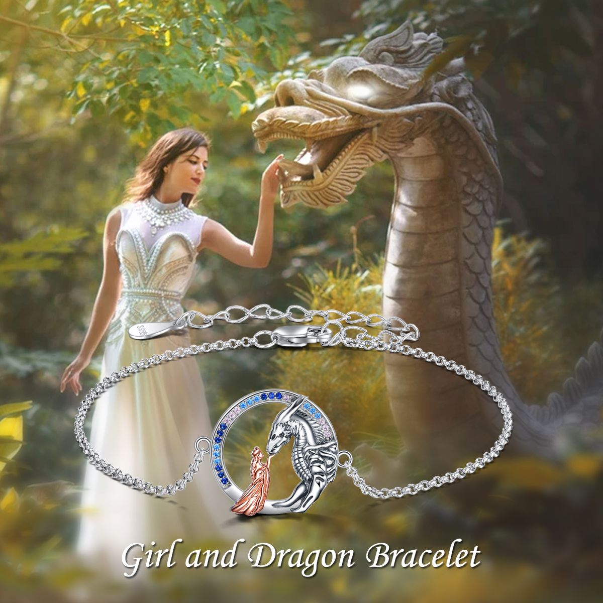 Sterling Silver Two-tone Circular Shaped Cubic Zirconia Dragon Pendant Bracelet-6