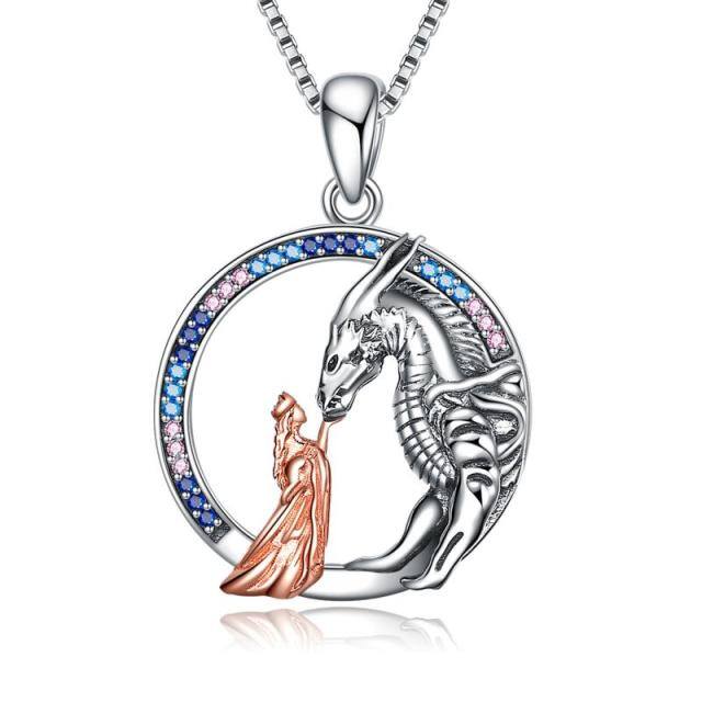 Sterling Silver Two-tone Circular Shaped Cubic Zirconia Dragon Pendant Necklace-1