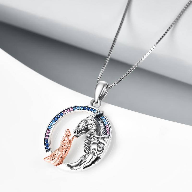 Sterling Silver Two-tone Cubic Zirconia Dragon & Round Box Chain Necklace for Women-3