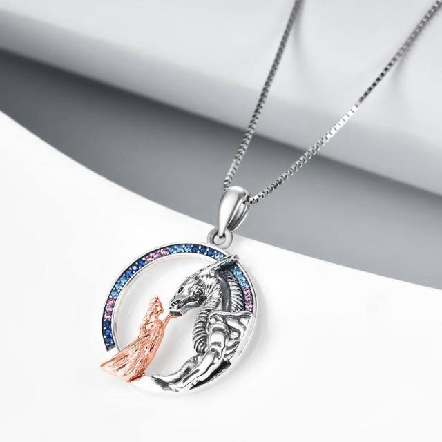 Sterling Silver Two-tone Circular Shaped Cubic Zirconia Dragon Pendant Necklace-3