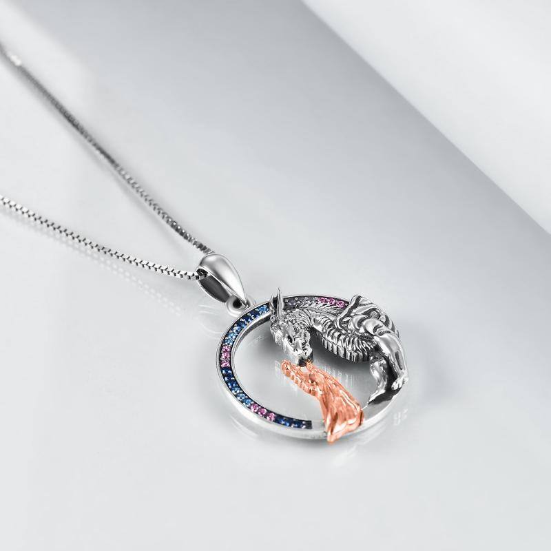 Sterling Silver Two-tone Cubic Zirconia Dragon & Round Box Chain Necklace for Women-4