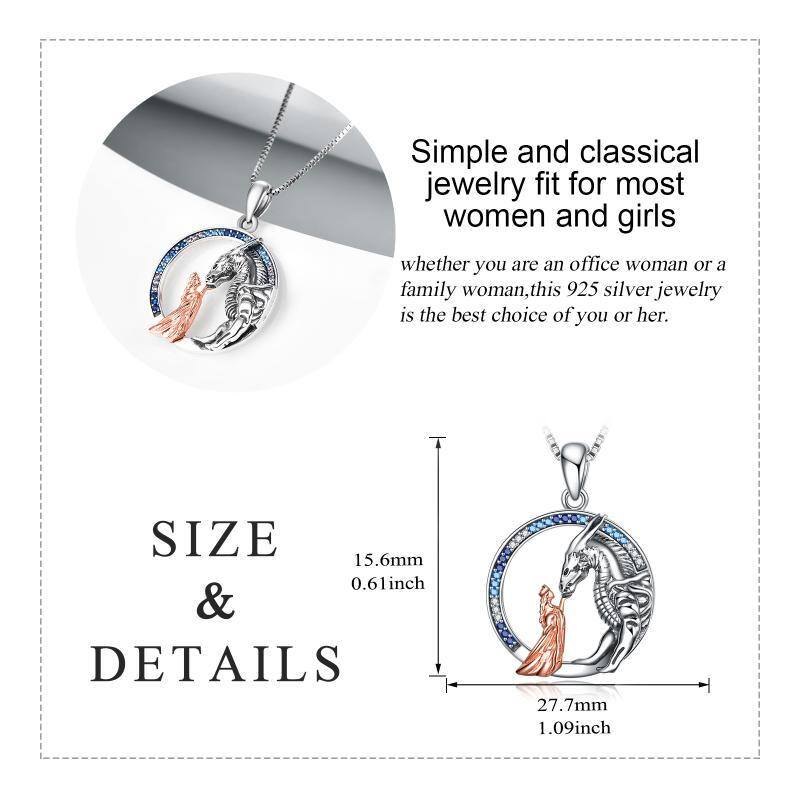 Sterling Silver Two-tone Cubic Zirconia Dragon & Round Box Chain Necklace for Women-5