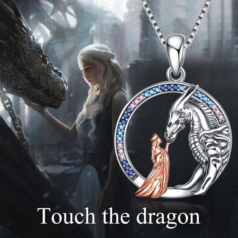 Sterling Silver Two-tone Circular Shaped Cubic Zirconia Dragon Pendant Necklace-6