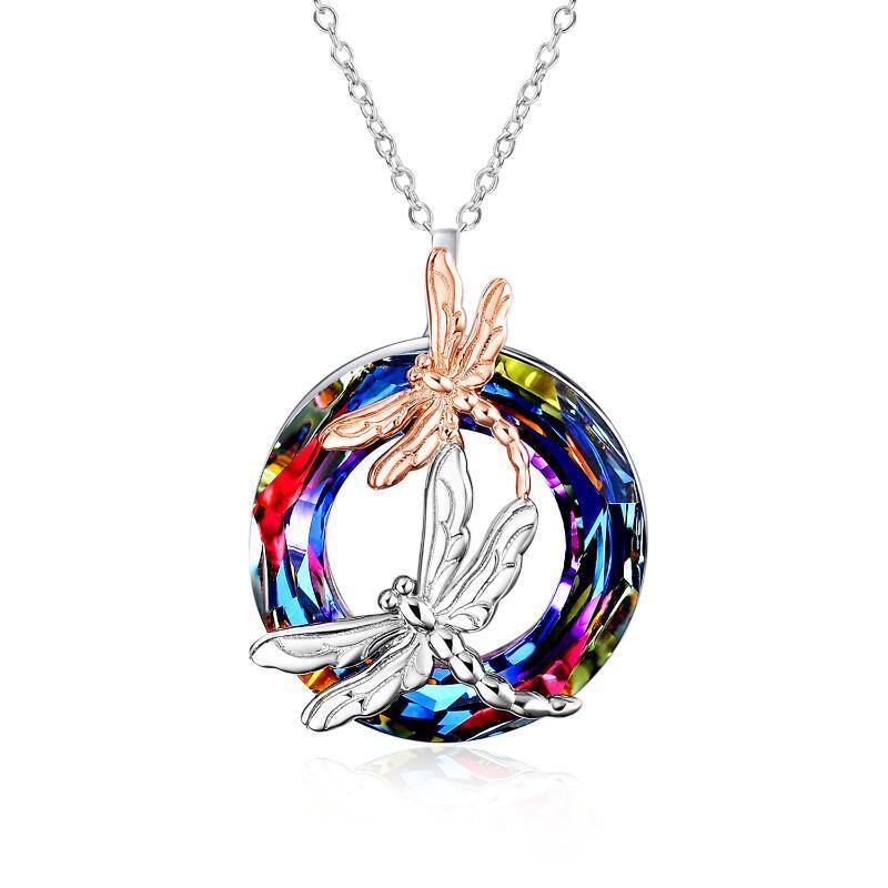 Collier en argent sterling avec pendentif libellule en cristal de forme circulaire bicolor-1