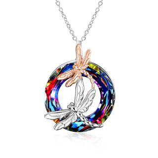 Sterling Silver Two-tone Circular Shaped Dragonfly Crystal Pendant Necklace-4