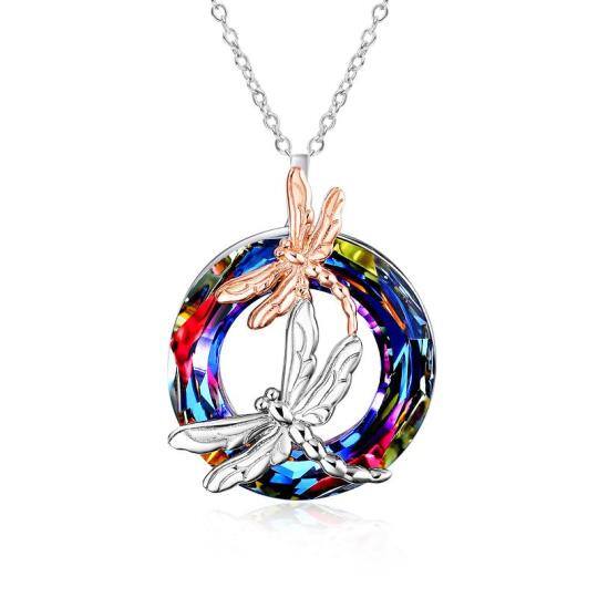 Sterling Silver Two-tone Circular Shaped Dragonfly Crystal Pendant Necklace