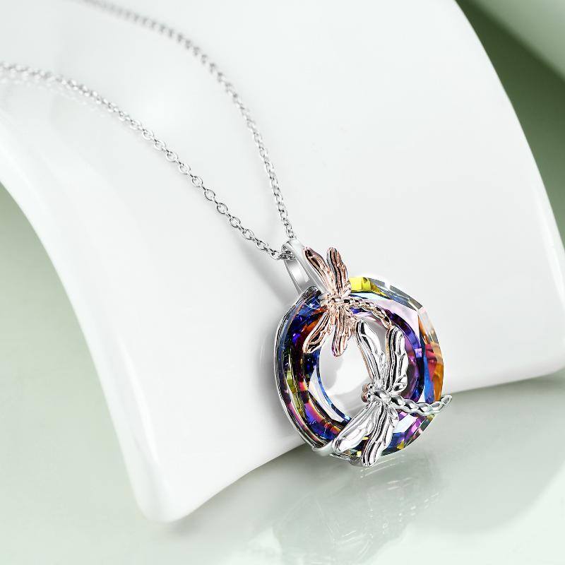 Sterling Silver Two-tone Circular Shaped Dragonfly Crystal Pendant Necklace-3