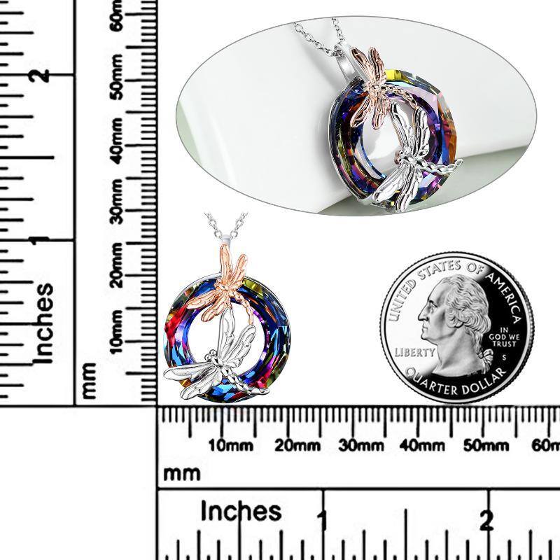 Colar de prata esterlina com pingente de cristal de libélula em forma circular de dois ton-5